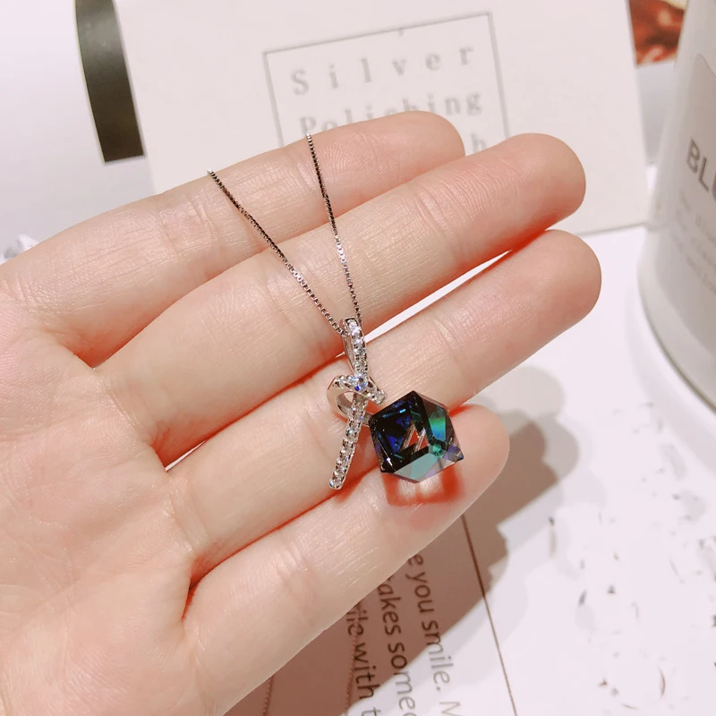 

Wholesale 925 Sterling Silver Necklace Blue Crystal Pendent Anti Allergy Chain Fine Jewelry Fahsion Accessories For Women
