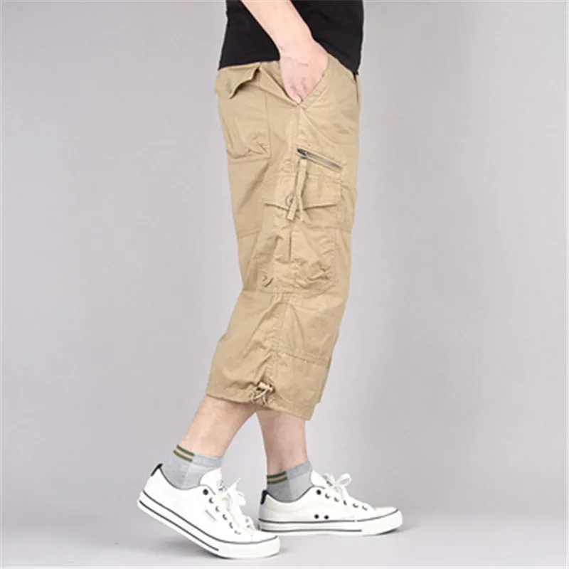 Summer Men's Casual Cotton Cargo Shorts Overalls Long Length Multi Pocket Hot breeches Military Capri Pants Male Tactical Short images - 6