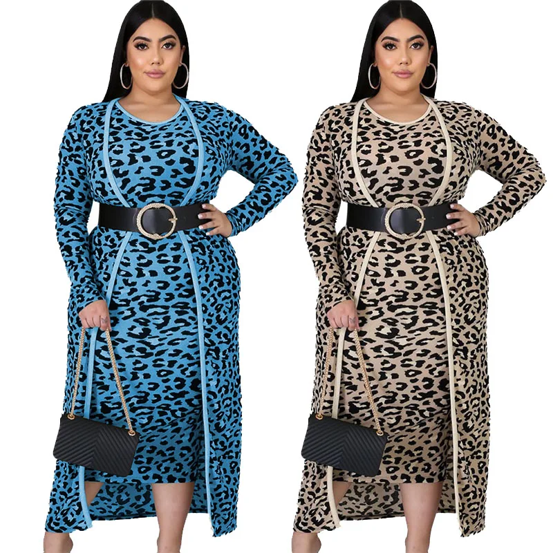 

Женский комплект из двух предметов, Осеннее леопардовое платье без рукавов и пальто с длинным рукавом, элегантный комплект, размера плюс