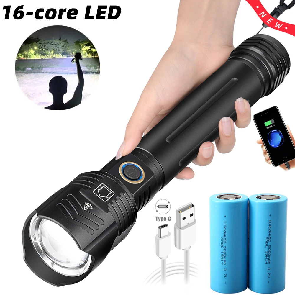 XHP160 16-core Powerful LED Flashlight USB TYPE-C Rechargeable Zoom Torch Tactial Flash light by 26650 18650 Battery