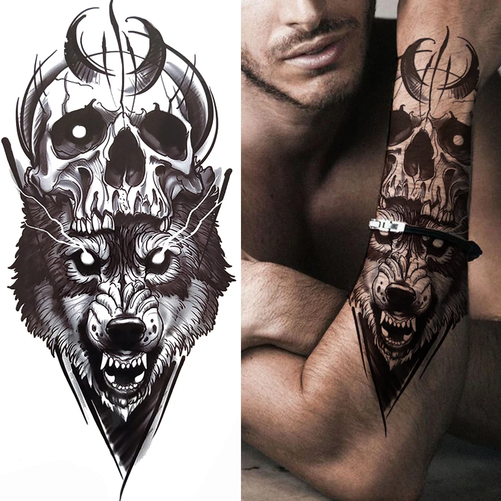 

Black Forest Tattoo Sticker For Men Women Children Tiger Wolf Death Skull Temporary Tattoo Fake Henna Skeleton King Animal Tatoo