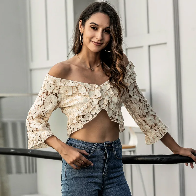 Летняя Сексуальная рубашка модная кружевная Однотонная футболка с рукавом