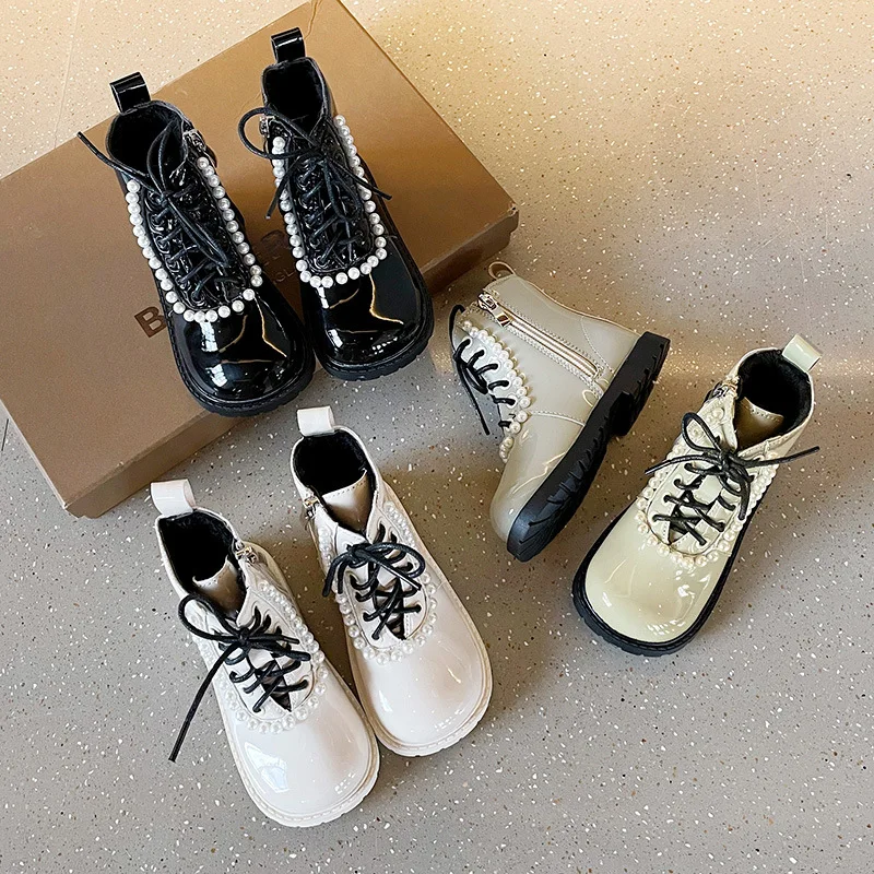 

Children Short Boots Kids Fashion Winter Boots for Girls Pearls Decor Chinese Style Solid PU Boots Non-slip Girls Martin Boots