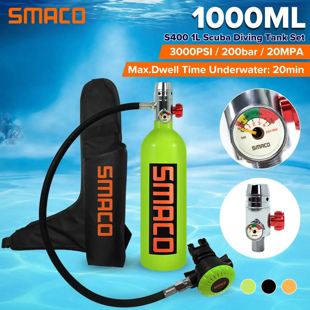 

SMACO S400 1000ml Scuba Diving Tank Equipment Mini Snorkel Dive Cylinder Oxygen Tank Breathing Diving Equipment Bag