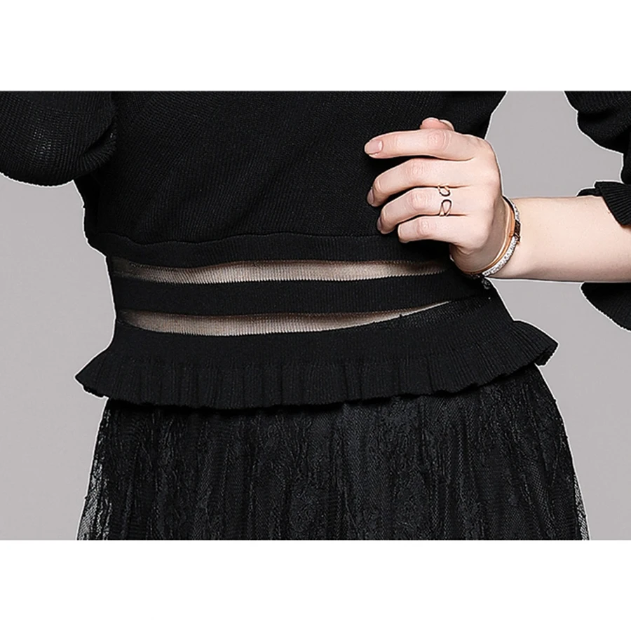 

Vintage Black High Street Lace Dresses Spring Autumn Two Piece Plus Size Maxi New One Piece Dresses Elegant Women Runway Party