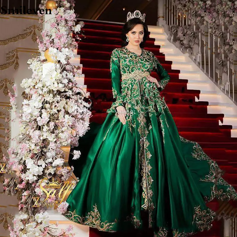 Smileven Caftan атласные вечерние платья с длинным рукавом ТРАПЕЦИЕВИДНОЕ золотистое