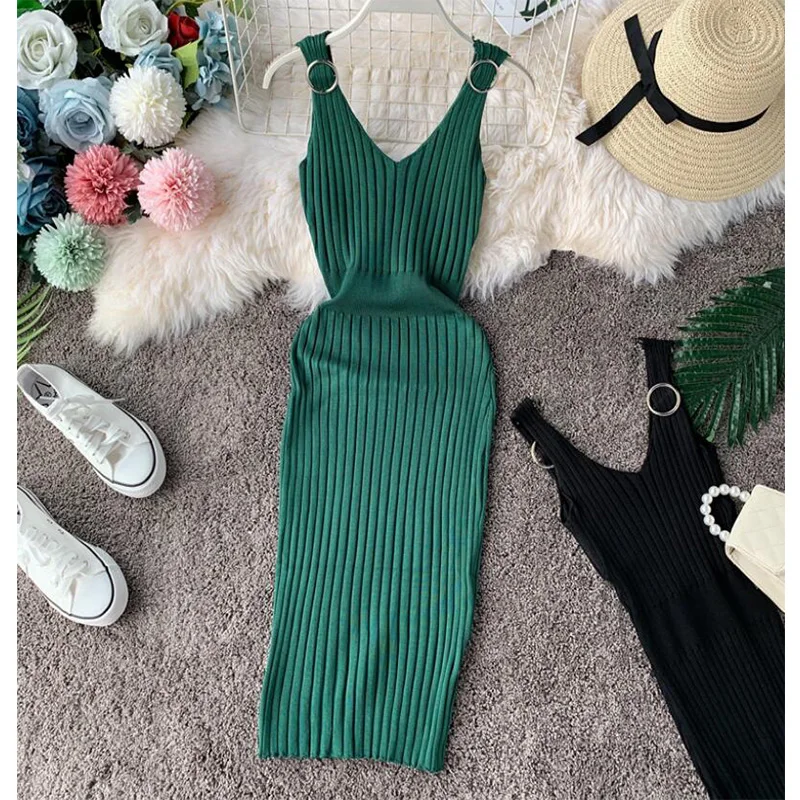 Винтажное однотонное женское платье сексуальное лето 2020 стрейч v-образный вырез