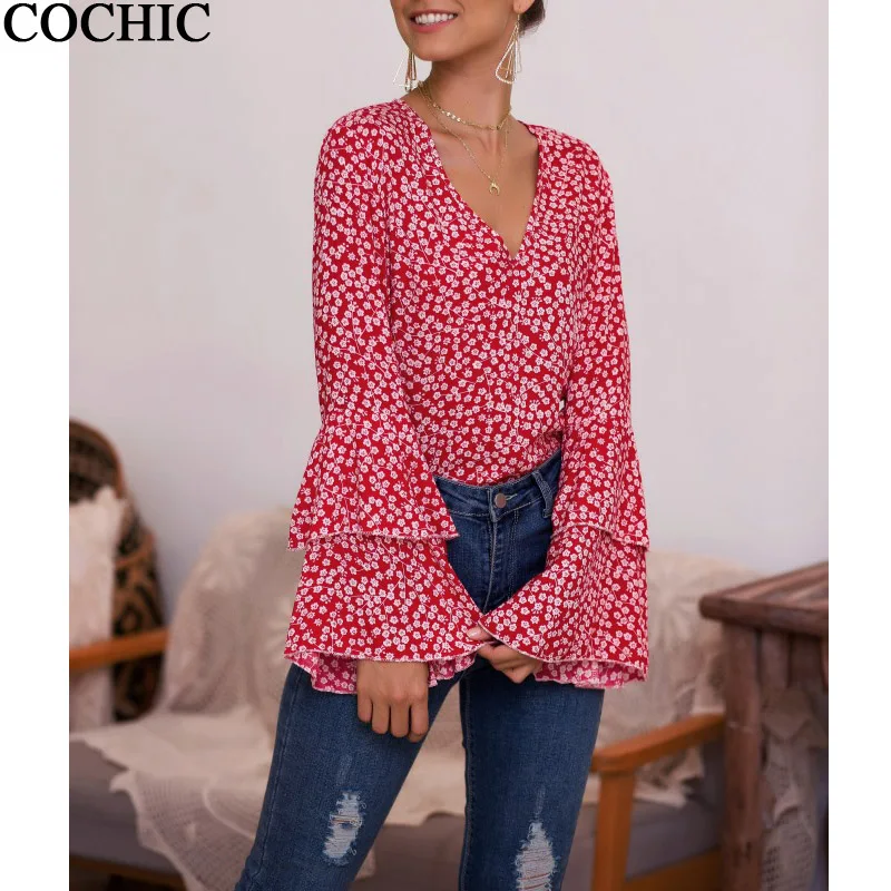 Женская демисезонная шикарная Блузка с V образным вырезом и цветочным