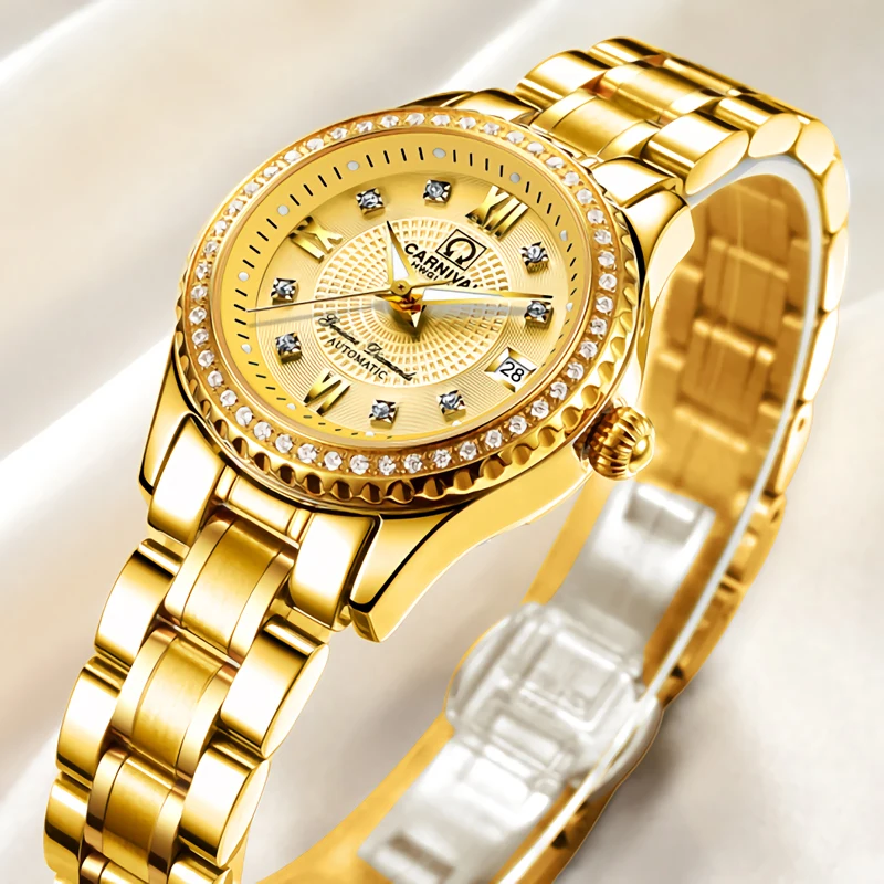 CARNIVAL Fashion Watch Women Calendar Luminous Waterproof Diamond Studded Stainless Steel Strap Gold Automatic Mechanical Watch