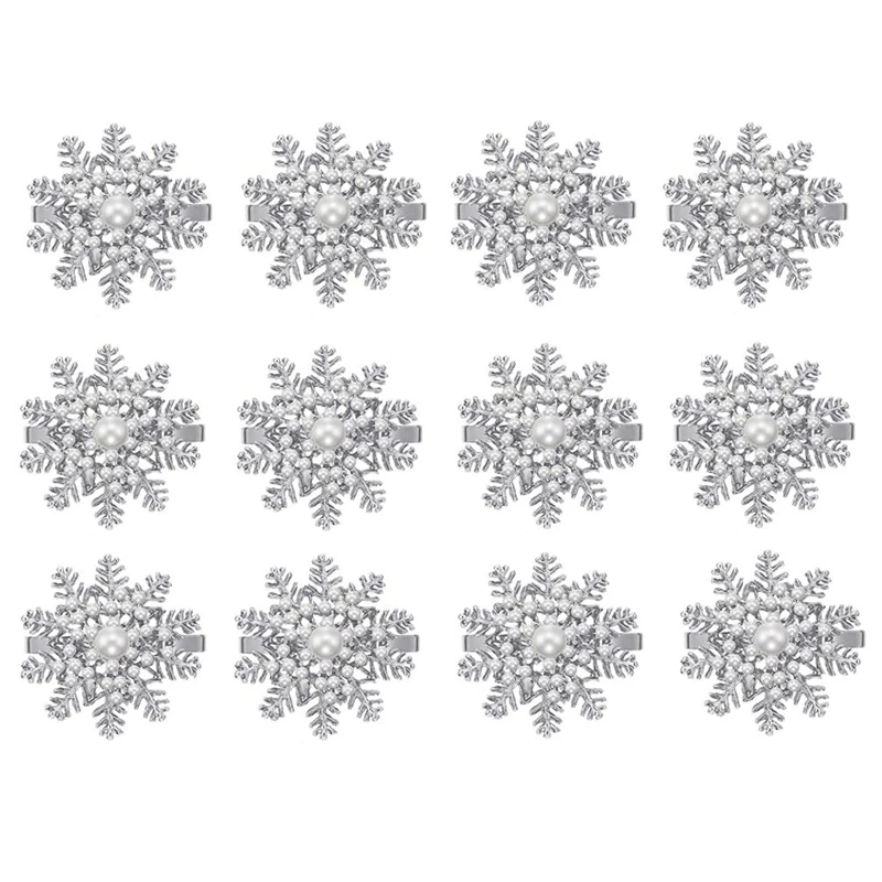

12 Pcs Snowflake Napkin Ring Pearl Napkin Ring Christmas Napkin Ring Holder Buckle Metal Flower Napkin Ring Buckle