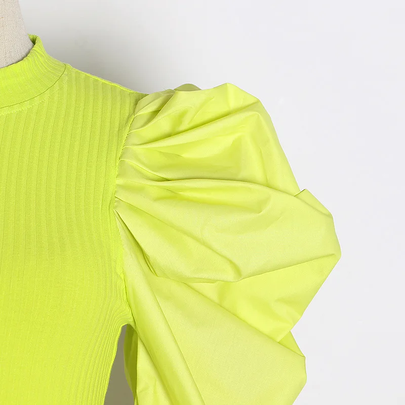 

Fruit green top 2020 spring new pleated bubble long-sleeved stitching solid color outer wear inner knit sweater women