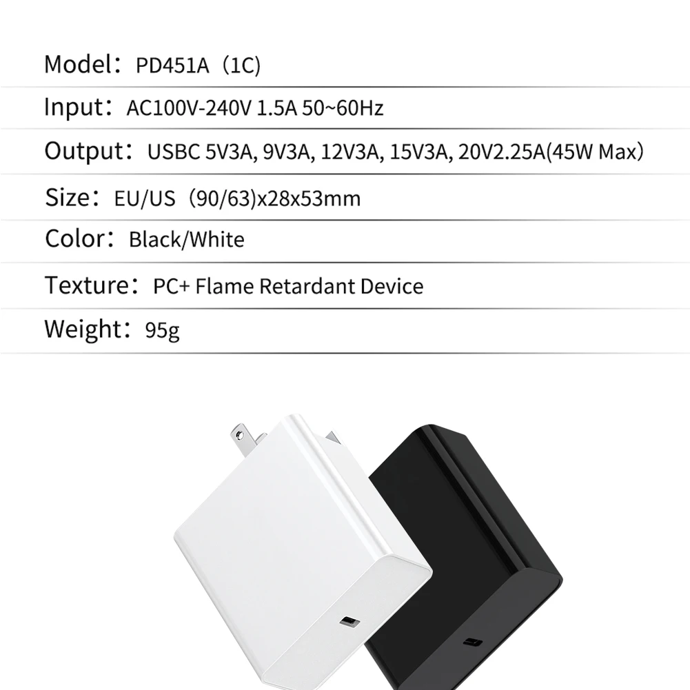 

45W PD Fast Charger USB C Port Power Adapter US EU Plug Travel Charger QC3.0 Mobile Laptop Universal For iPhone Samsung Xiaomi
