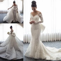 2021 elegant lace ball gown detachable wedding dress women full sleeves bow white luxury mermaid wedding gown with court train