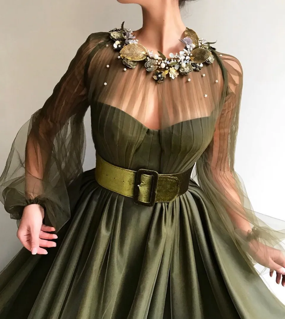 

Оливковое зеленое атласное длинное платье для выпускного вечера, официальное вечернее платье, вечернее платье с длинными прозрачными рука...