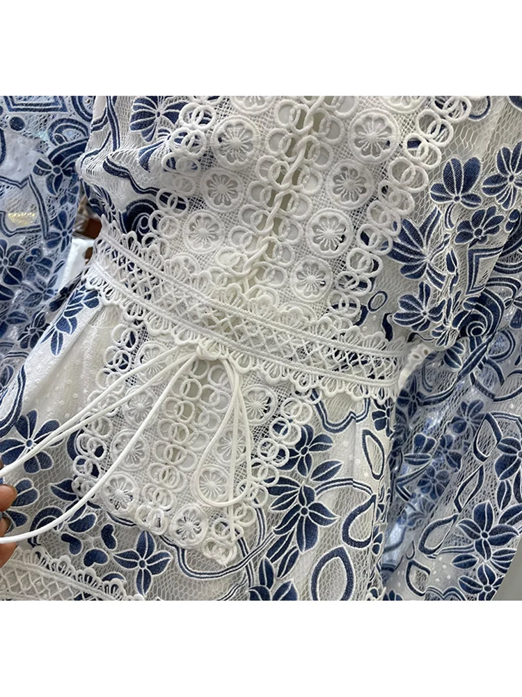 

Embroidery Applique Hollow Contrasting Color V-neck Lace-up High-waist Dress Ladies Spring New Multi-level Large Puff Puff Skirt