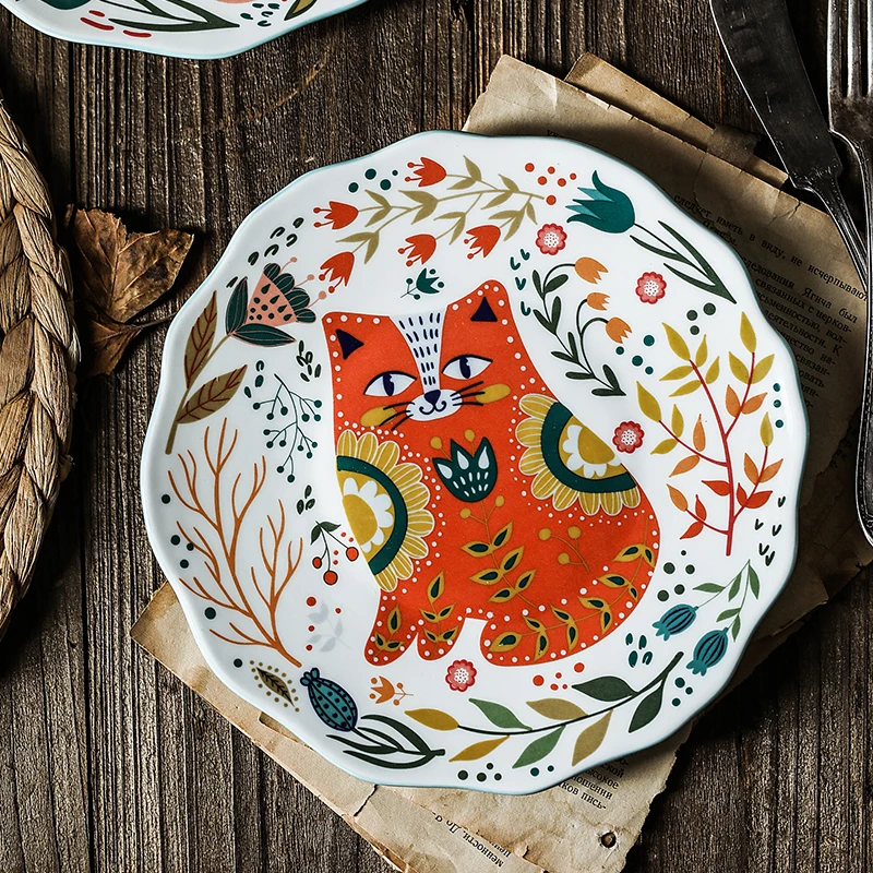 Creative 8inch Hand-painted Cat Dinner Plate Under-glazed Ceramic Dish Dessert Tray Flower Kitten Microwave Dinnerware YHJ021201 | Дом и сад