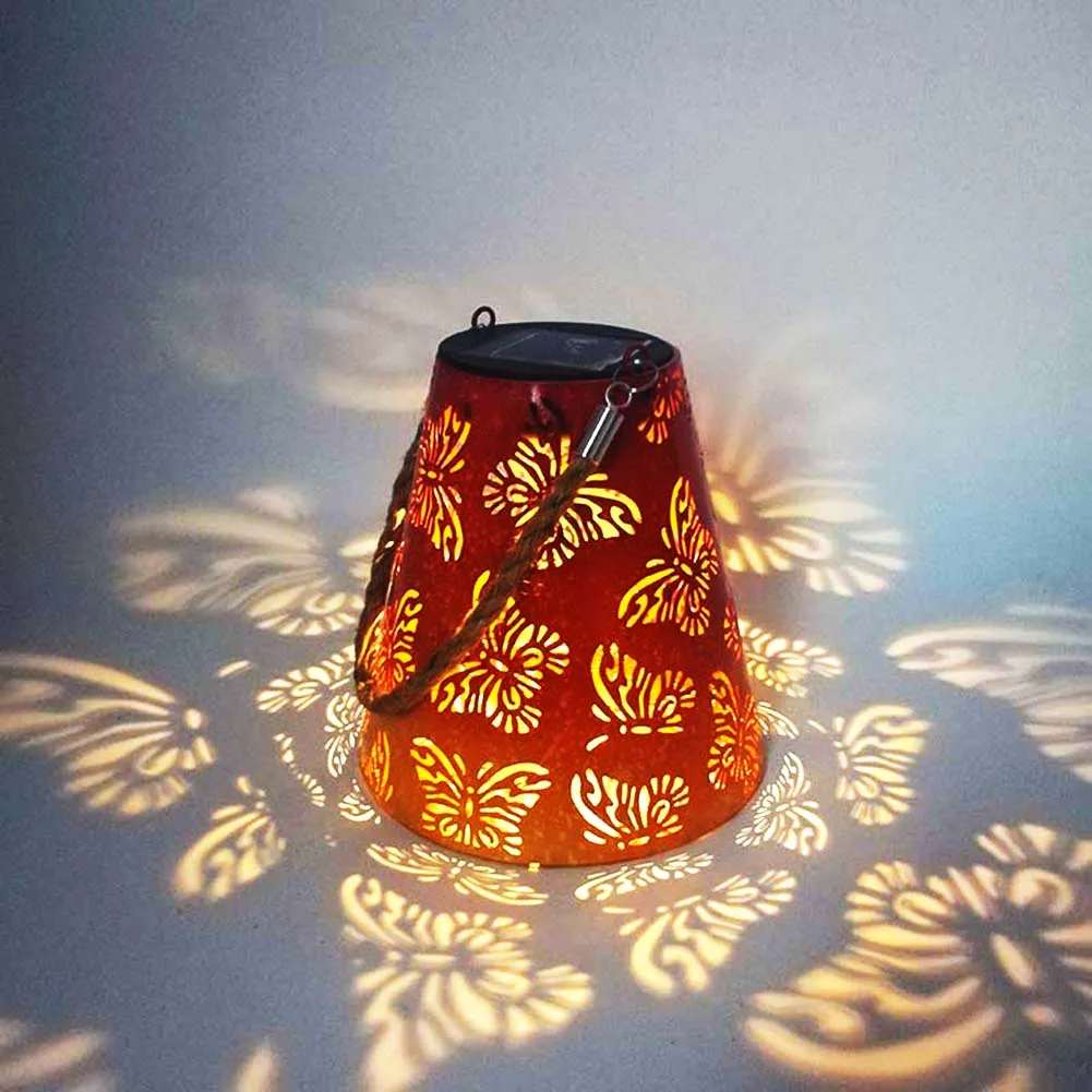 

LED Solar Light Wrought Iron Hollow Lantern Light Butterfly Projection Hanging Lamps Waterproof Outdoor Garden Yard Decorations