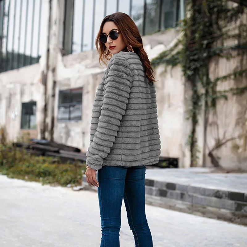 Women Winter Coat Slim Cardigans Faux Furry Jackets Striped Rabbit Fashion Full Sleeve Thick Warm Fur Jacket | Женская одежда