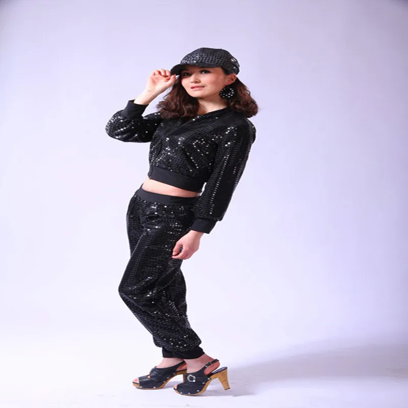 Free Polyester Full Elastic Waist V-Neck Shipping Woman Crop Top Set Real European Version 2020 New Dance Sequins Clothing Suit | Женская