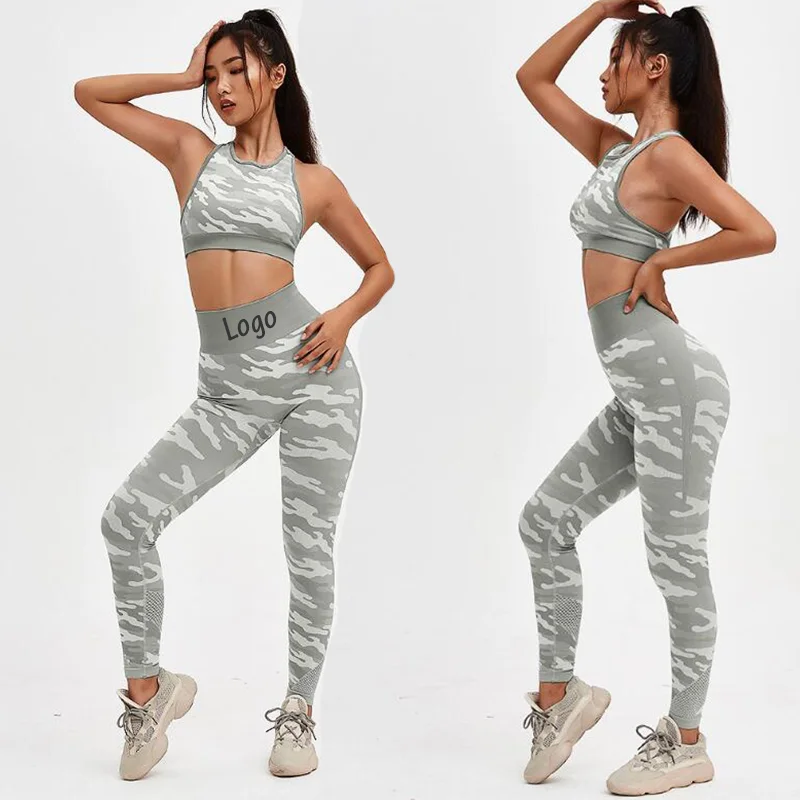 

2020 Best Selling Lady Mesh Patchwork Slim Fit Tracksuit Women Racerback Bra Athletic Leggings Camouflage Yoga Set