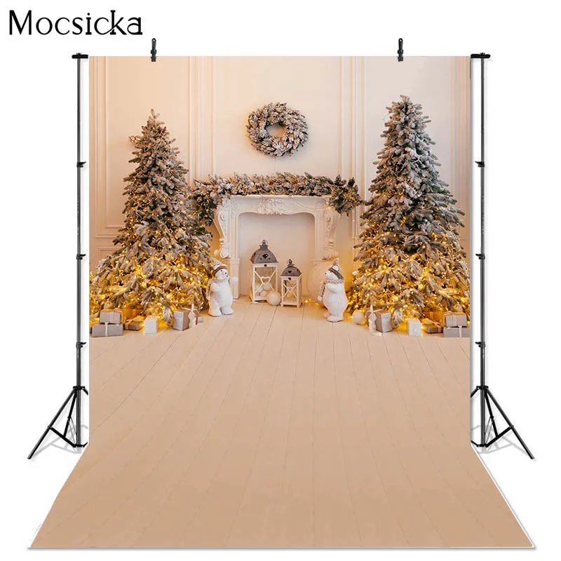 Mocsicka Christmas Photography Background Fireplace Christmas Tree Wind Lantern Decoration Baby Shower Photo Backdrop Studio