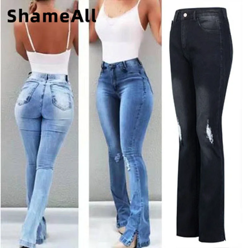 Женские расклешенные джинсы с высокой талией размера плюс обтягивающие