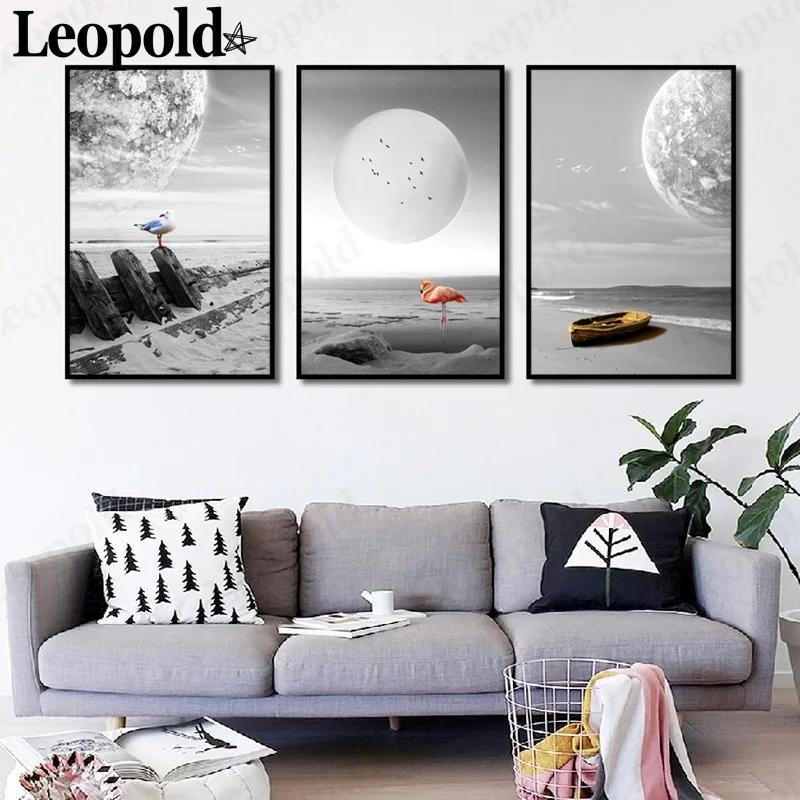 

Modern Abstract Boat Red-Crowned Crane Canvas Poster Gray System Universe Picture Print Creative Wall Art Corridor Home Decor