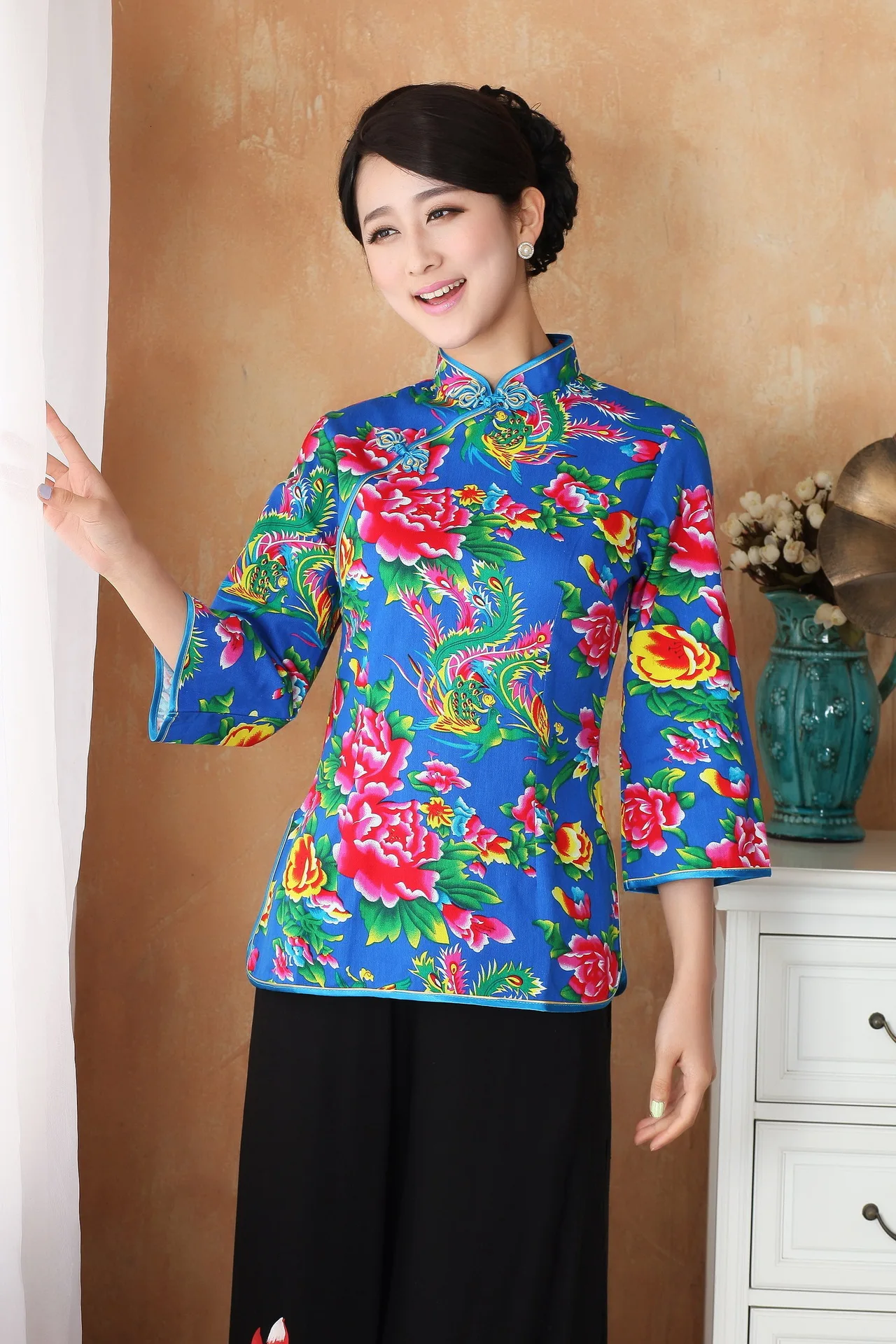 Красные синие женские китайское традиционное платье с разрезами по бокам и