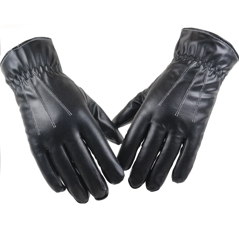 LongKeeper PU Leather Winter Gloves For Driving Mens Touch Screen Plus Velvet Mitten Cashmere Black Guantes Luva