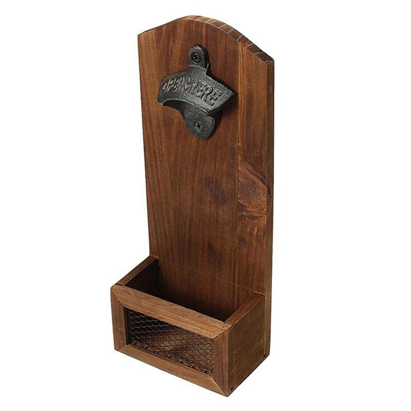 

Wood Rustic Home Beer Barrel Keg Wall Mounted Bottle Cap Opener With Cap Catcher