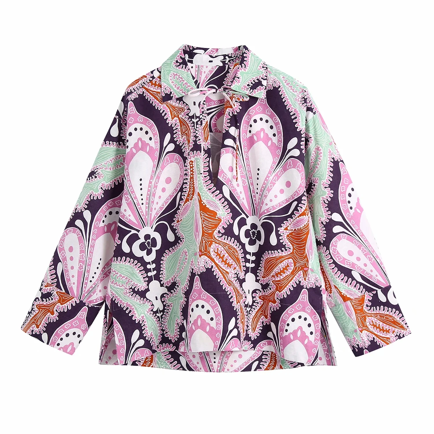 

ZA 2021 spring Women casual Printed Blouses Mujer Deep v neck long Sleeve streetwear Totem top loose lapel Squiggle shirt Femme