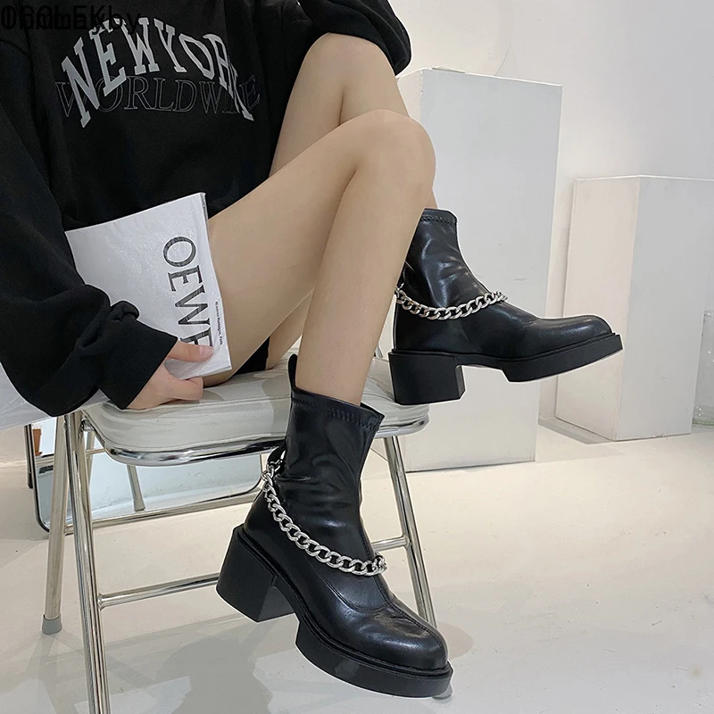 

Женские кожаные ботинки до середины икры, черные кожаные ботинки на Высоком толстом каблуке, на молнии, модная зимняя обувь, 2021