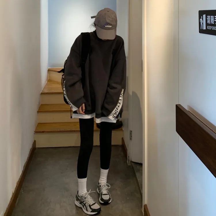 

2020 Winter New South Korean Ins Loose Fake Two High-neck Plus Velvet Solid Lettering Women Clothing Sweatshirt