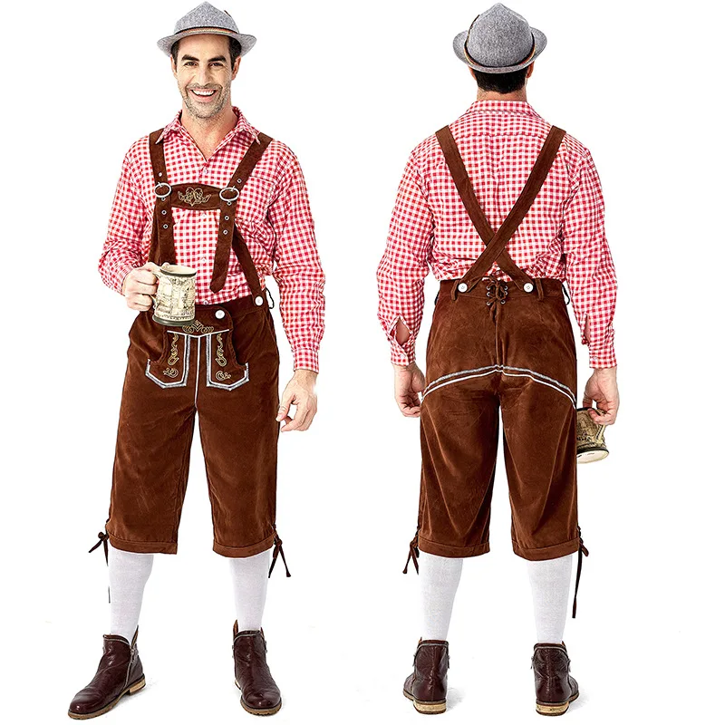 Костюм Lederhosen мужской на Октоберфест с подтяжками комплект шапки для вечеринки
