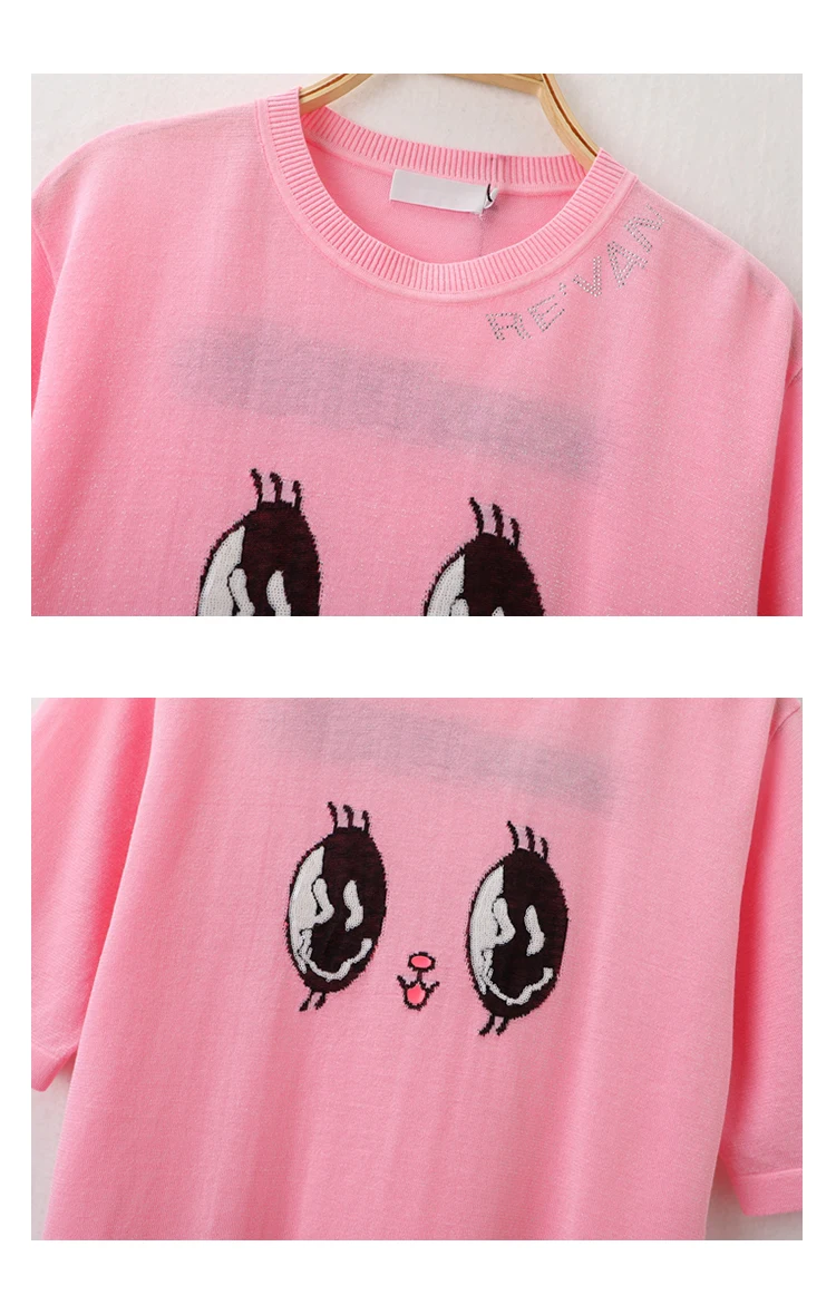

2021 Summer New Korean Style Cartoon Letters Sequins Embroidered Knitted T-shirt Women Fashion Sweet O-neck Pullover Knitted Top