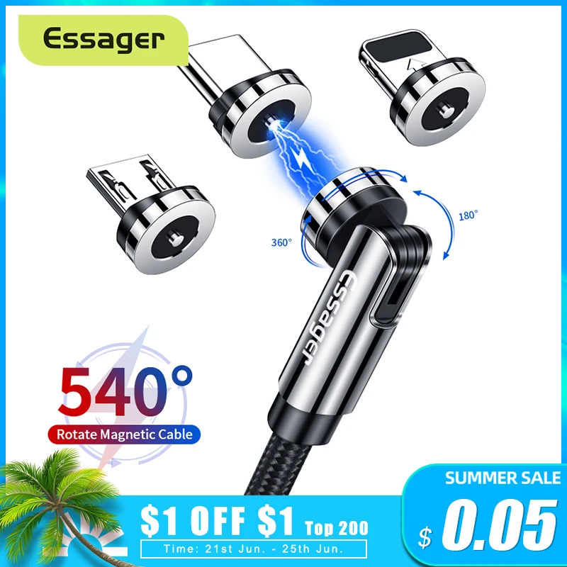 Essager 540 Rotate Magnetic Cable Fast Charging Magnet Charger Micro USB Type C Cable Mobile Phone Wire Cord For iPhone Xiaomi