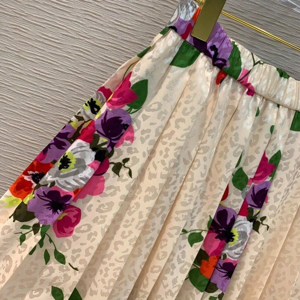 

new fashion pleated long skirts womens runway design leopard flower print apricot vintage spring summer sweet skirt