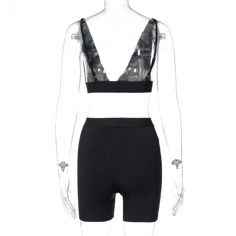 

2021 Top + Shorts Patchwork Suit Ladies Sexy Deep V Neck Sleeveless Crop Top High Waist Shorts Women Fashion Set