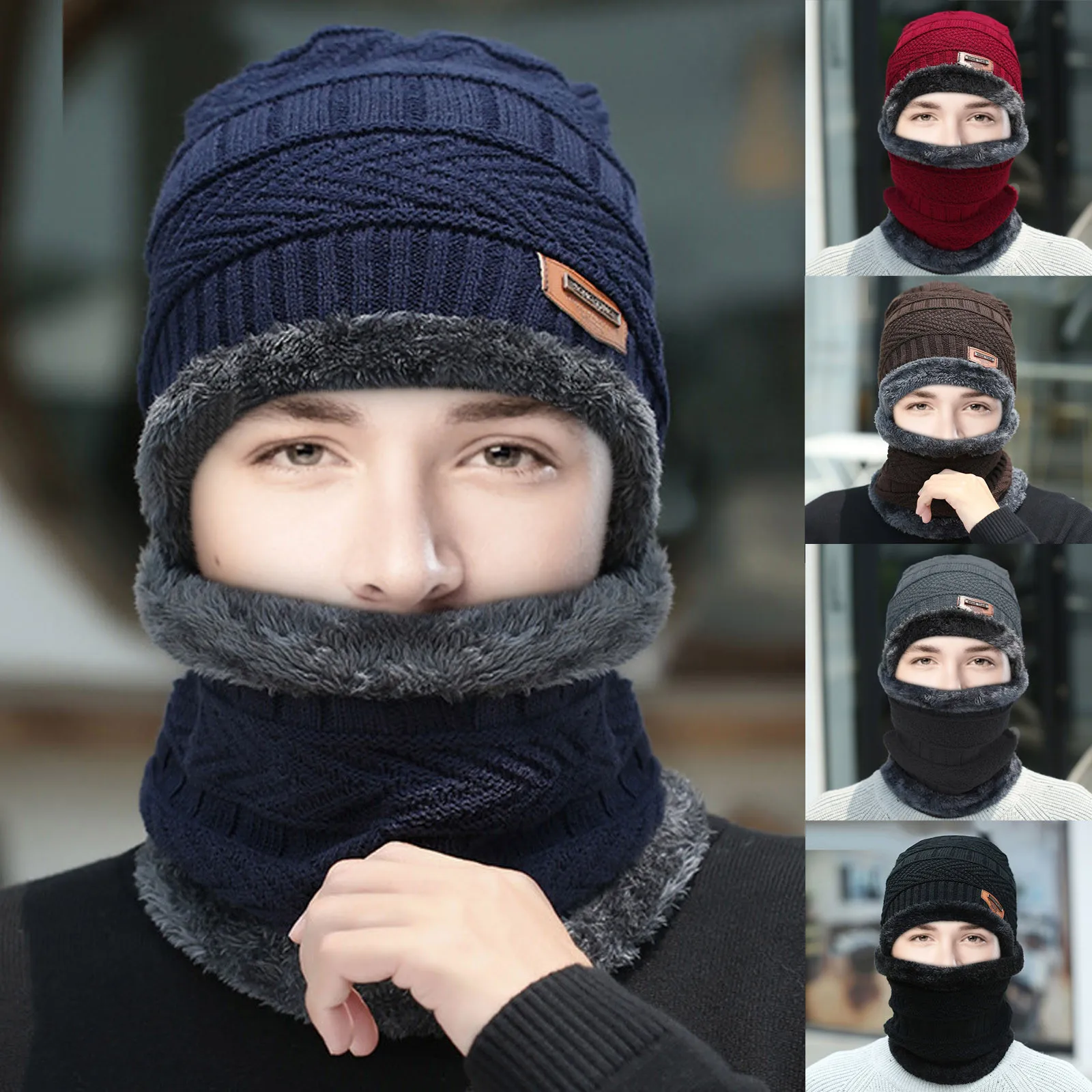 Зимняя теплая плюшевая вязаная шапка для взрослых шарф шерстяная велосипедная