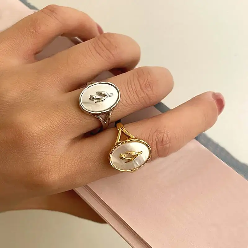 

Vintage Shell Tulip Flower Oval Rings For Women 2021 New Style Jewelry Adjustable Open Ring Wholesale