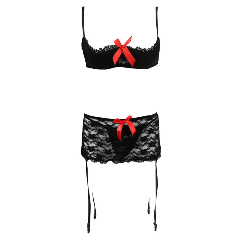 Пикантное женское нижнее белье Babydoll Набор белья кружевной открытый бюстгальтер