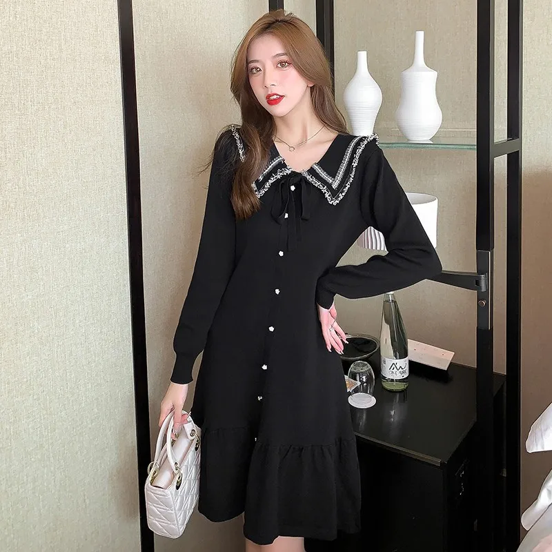 

Женское однобортное платье с кукольным воротником, сезон осень-зима, эластичные Стрейчевые платья-свитеры с длинным рукавом, женские вязан...