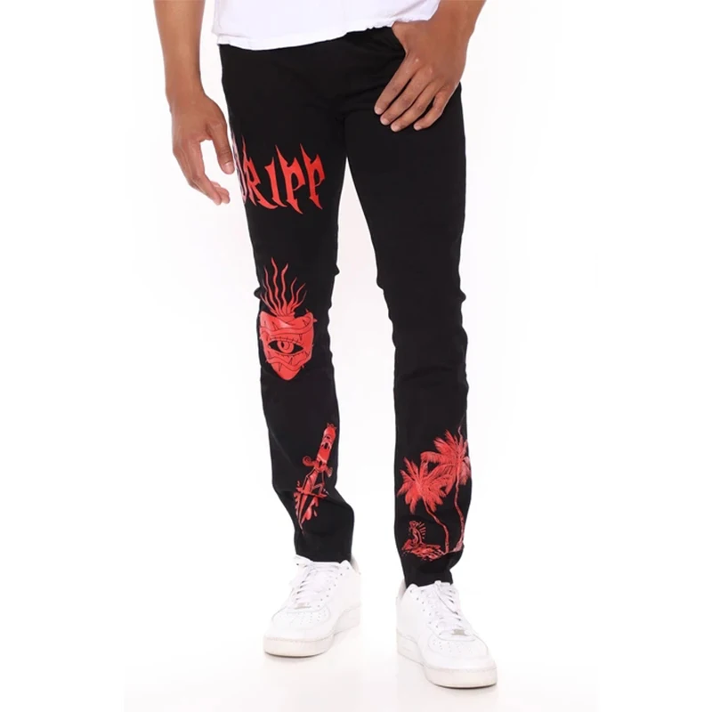

2021 Men's Pencil Jeans Classic Hip Hop Fashion Street Black High Waist Zipper Stretch printed Denim Pants Slim Fit Trousers
