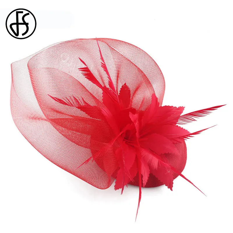

FS Red Flower Feather Ladies Hat With Veil Mesh Facinator Hats Cocktail Party Derby Women Hats Elegant Hair Clips
