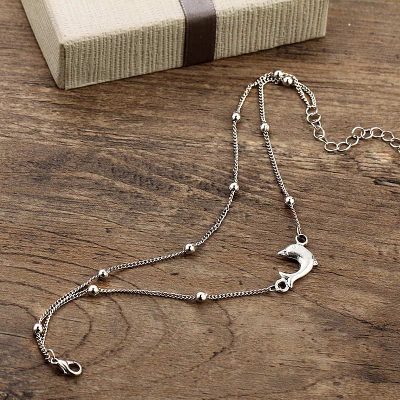 Ножной браслет в виде дельфина серебряного цвета модный многослойный на лодыжку