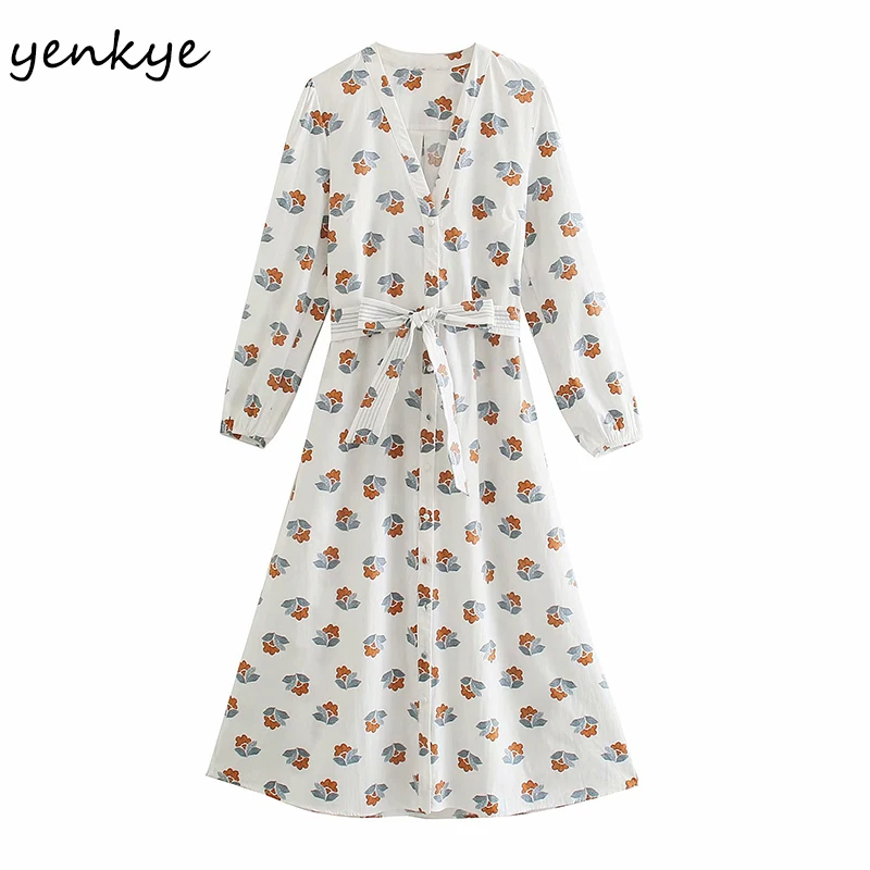 

YENKYEWomen Floral Print Midi Dress Female Long Sleeve V Neck With Belt Casual Dress Plus Size Vestido