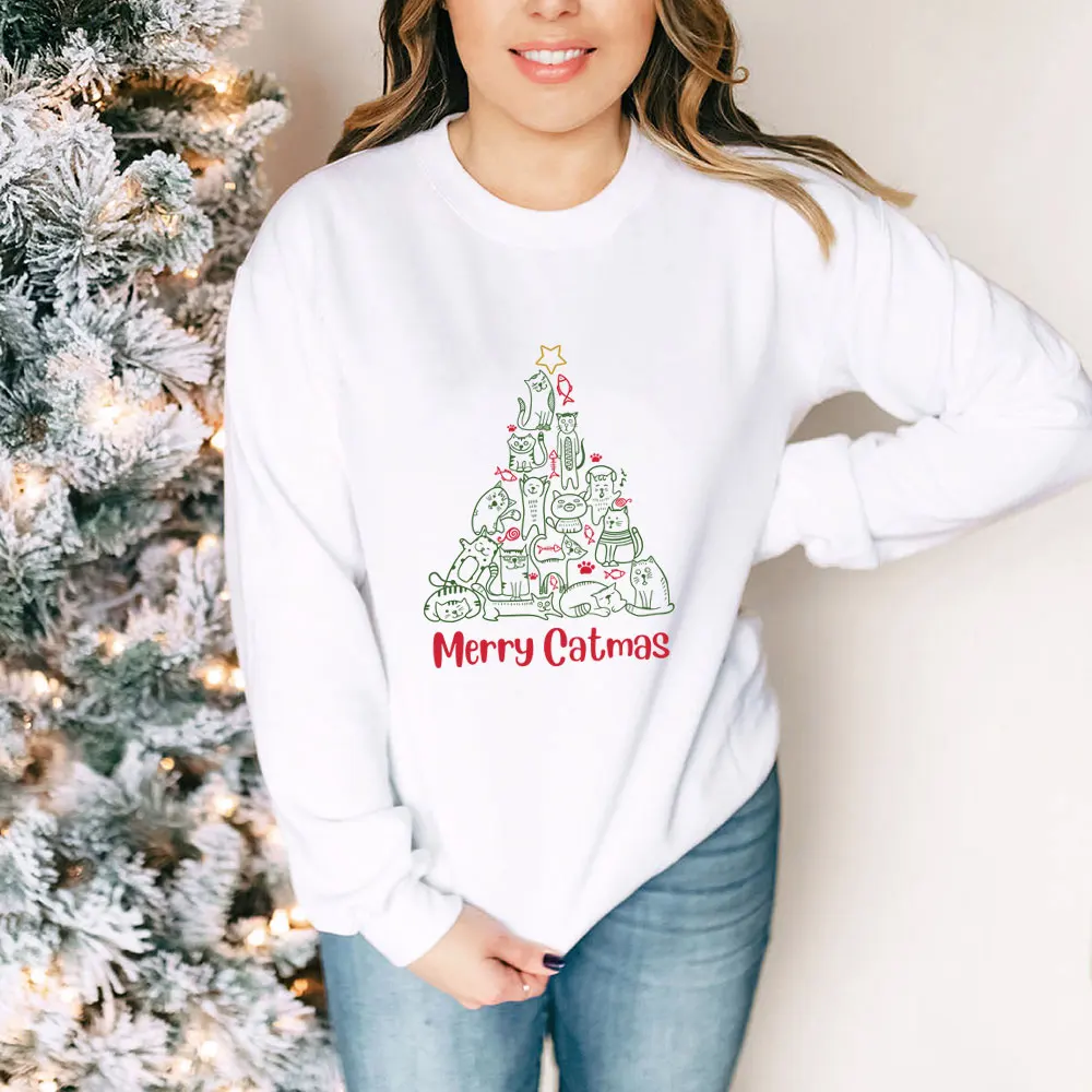 

Merry Catmas Christmas 100%Cotton Women Sweatshirt Unisex Funny Casual Winter Long Sleeve Top New Year Sweatshirt Christmas Gift