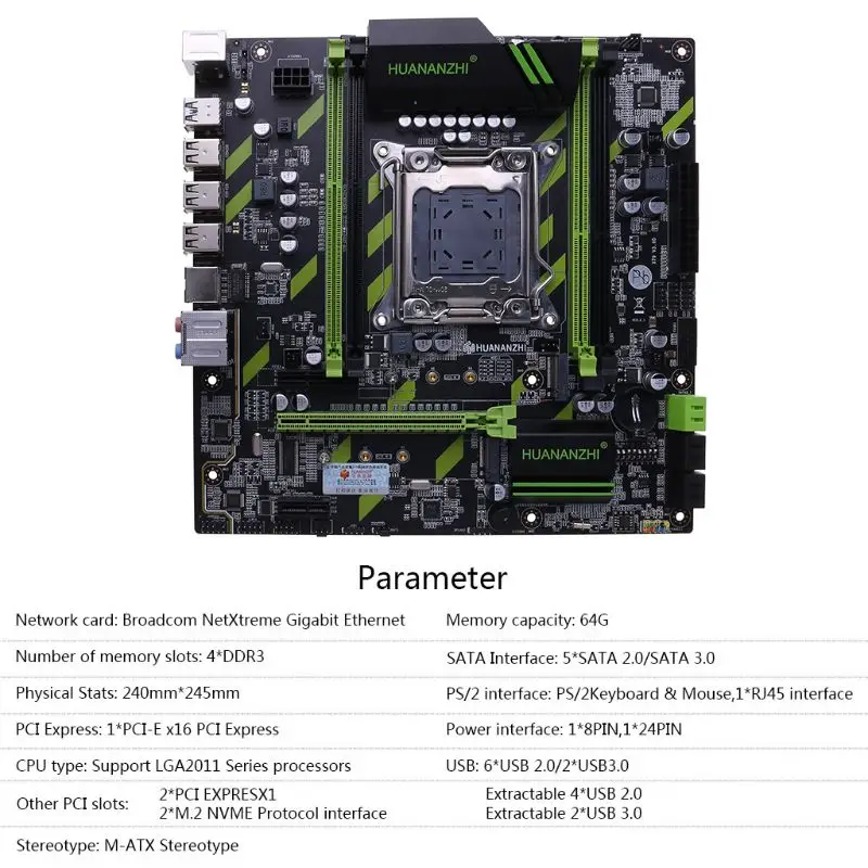 

Huananzhi X79 Motherboard X79 LGA2011 ATX SATA3 USB3.0 Dual PCI-E 16X NVME M.2 SSD Support REG ECC RAM Xeon E5 CPU