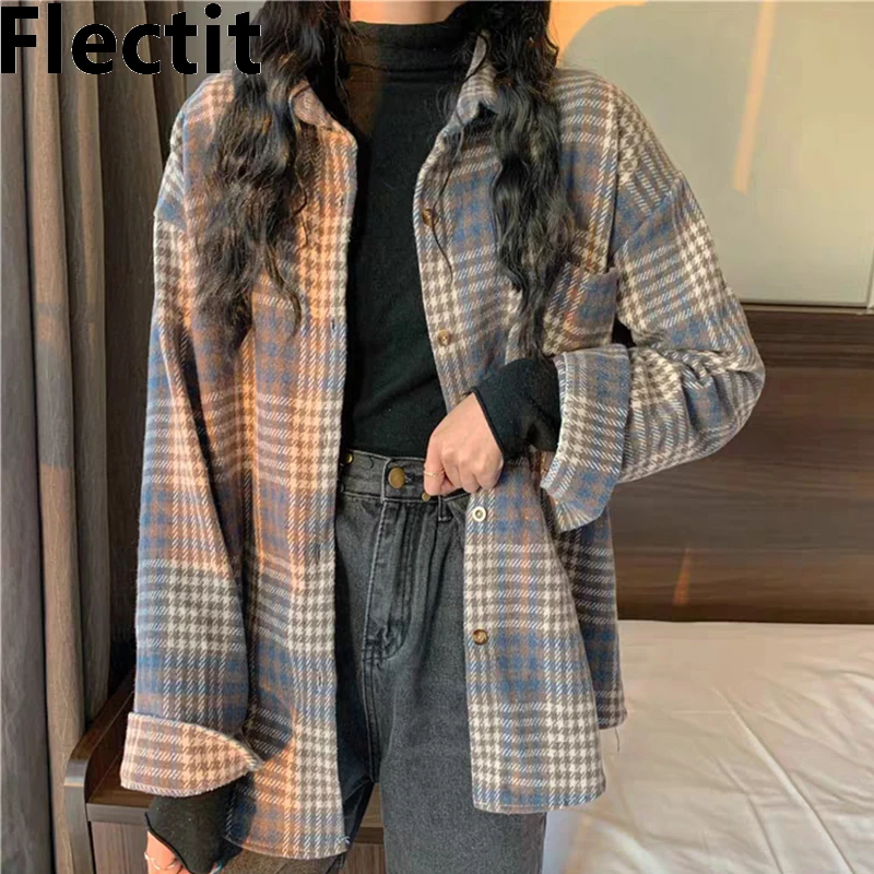 

Flectit Grunge Flannel Plaid Shirt Women Front Pocket Long Sleeve Collared Button Down Loose Casual Tops Aesthetic Clothes *