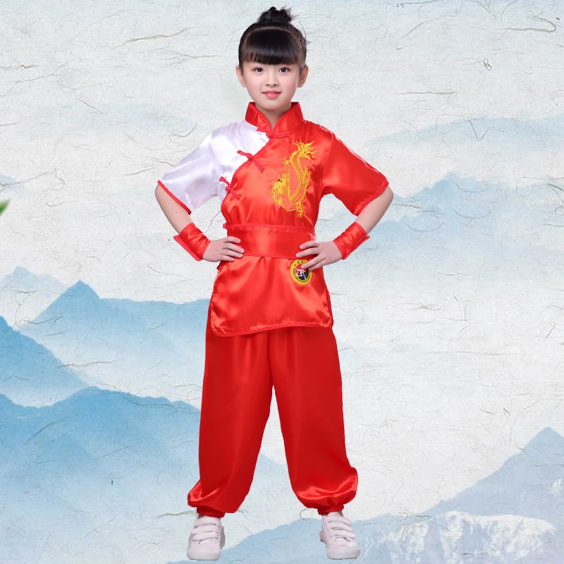 Red Short Set Традиционная китайская одежда для мужчин Дети Вышивка Дракон Униформа кунг-фу восточные дети Тай Чи у Шу Шао Лин костюмы - Цвет: Red Short Set